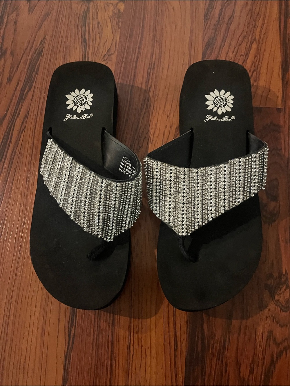 Yellow Box Black Rhinestone V-Strap Sandals